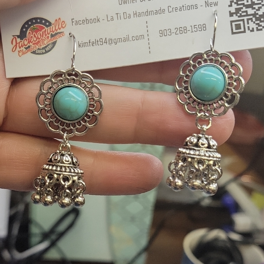 Silver Tone Faux Turquoise Dangle 2" Earrings